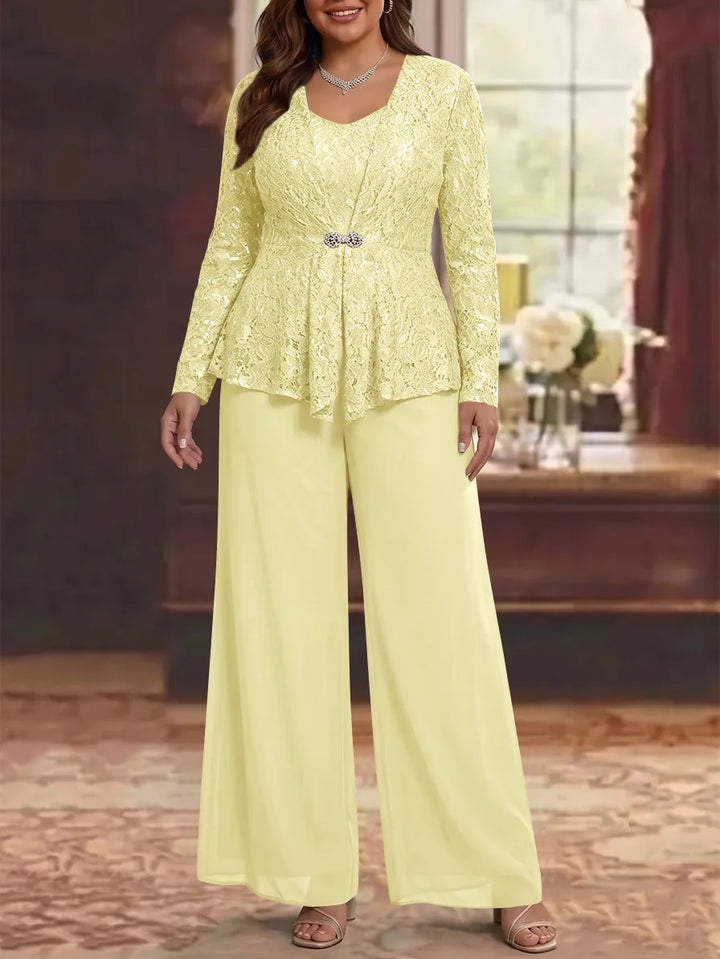 3 Pièces Tailleur Pantalon Mère de la Mariée en Mousseline, Grande Taille, Col Rond, Manches Longues, Longueur Cheville, avec Veste en Dentelle