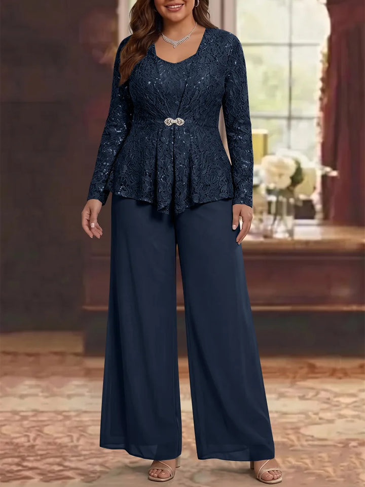 3 Pièces Tailleur Pantalon Mère de la Mariée en Mousseline, Grande Taille, Col Rond, Manches Longues, Longueur Cheville, avec Veste en Dentelle