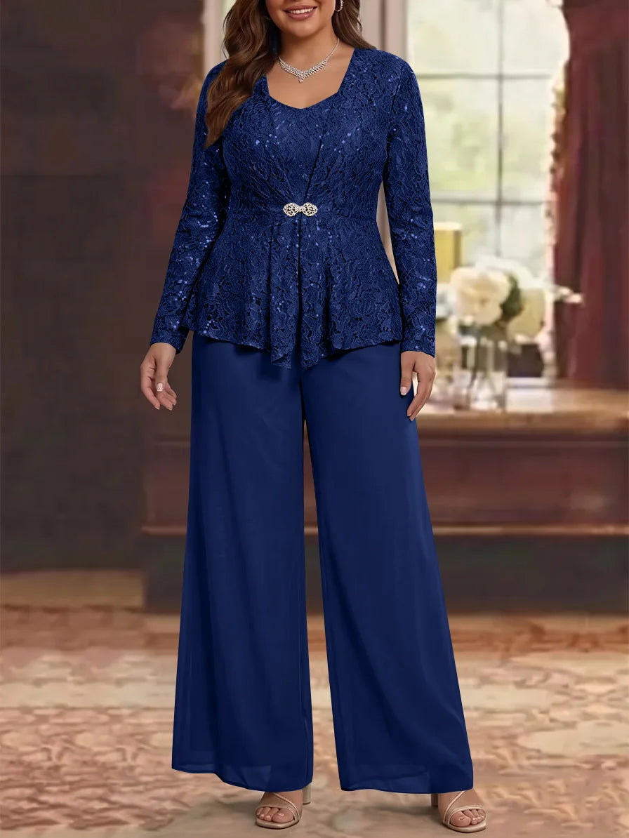 3 Pièces Tailleur Pantalon Mère de la Mariée en Mousseline, Grande Taille, Col Rond, Manches Longues, Longueur Cheville, avec Veste en Dentelle