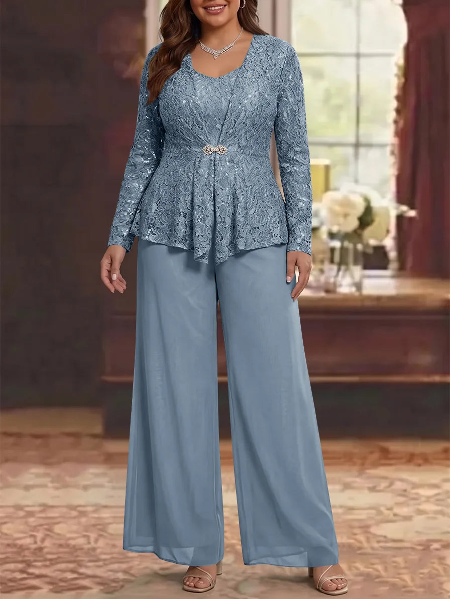 3 Pièces Tailleur Pantalon Mère de la Mariée en Mousseline, Grande Taille, Col Rond, Manches Longues, Longueur Cheville, avec Veste en Dentelle