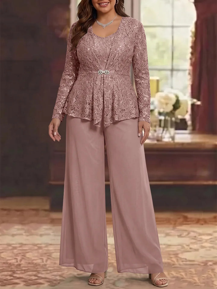 3 Pièces Tailleur Pantalon Mère de la Mariée en Mousseline, Grande Taille, Col Rond, Manches Longues, Longueur Cheville, avec Veste en Dentelle