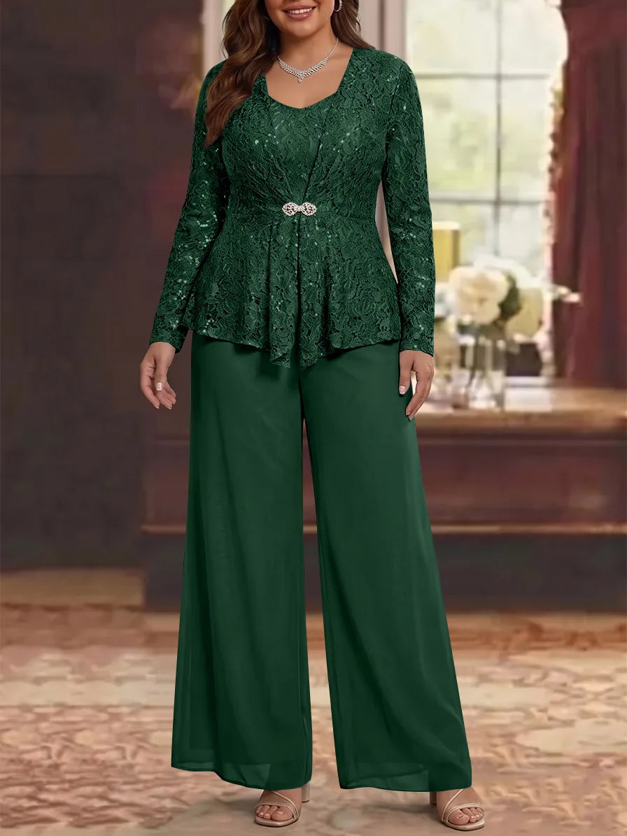 3 Pièces Tailleur Pantalon Mère de la Mariée en Mousseline, Grande Taille, Col Rond, Manches Longues, Longueur Cheville, avec Veste en Dentelle