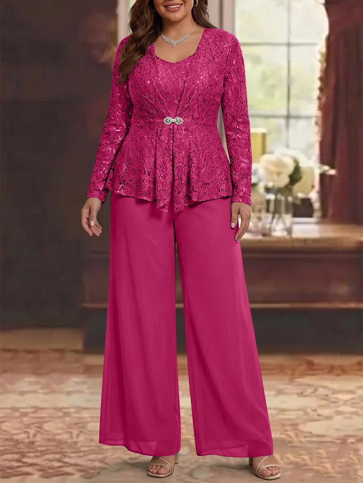 3 Pièces Tailleur Pantalon Mère de la Mariée en Mousseline, Grande Taille, Col Rond, Manches Longues, Longueur Cheville, avec Veste en Dentelle