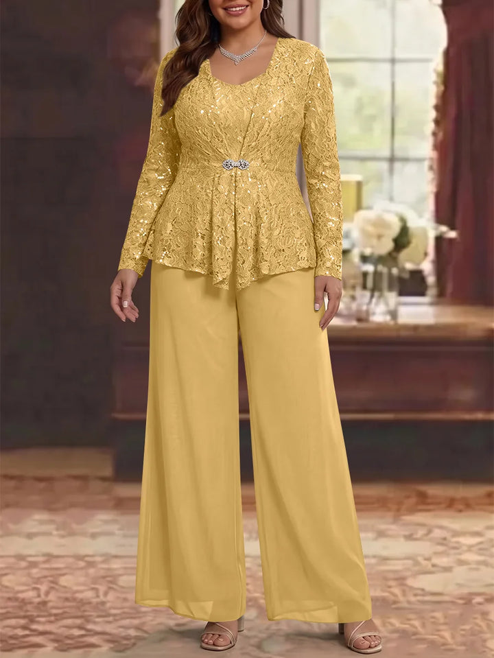 3 Pièces Tailleur Pantalon Mère de la Mariée en Mousseline, Grande Taille, Col Rond, Manches Longues, Longueur Cheville, avec Veste en Dentelle