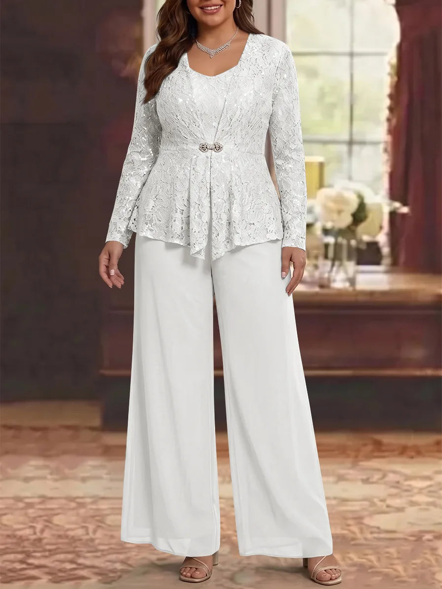 3 Pièces Tailleur Pantalon Mère de la Mariée en Mousseline, Grande Taille, Col Rond, Manches Longues, Longueur Cheville, avec Veste en Dentelle