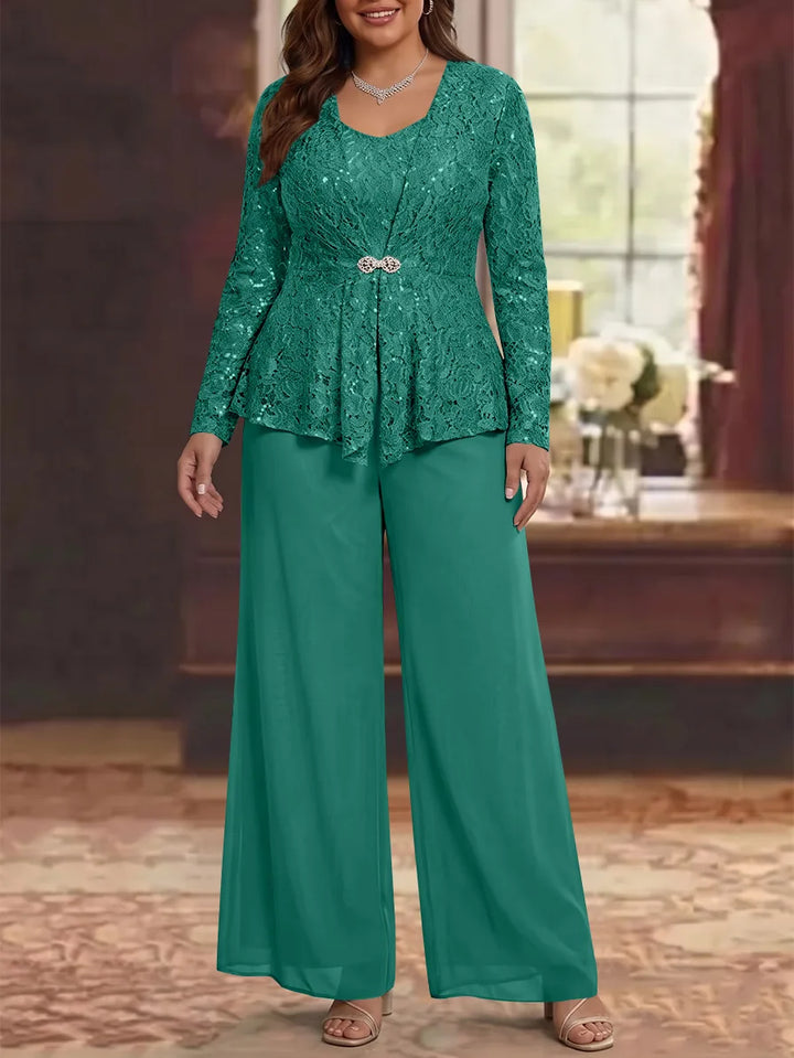 3 Pièces Tailleur Pantalon Mère de la Mariée en Mousseline, Grande Taille, Col Rond, Manches Longues, Longueur Cheville, avec Veste en Dentelle
