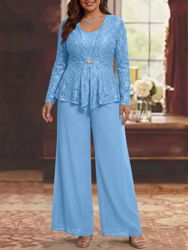 3 Pièces Tailleur Pantalon Mère de la Mariée en Mousseline, Grande Taille, Col Rond, Manches Longues, Longueur Cheville, avec Veste en Dentelle
