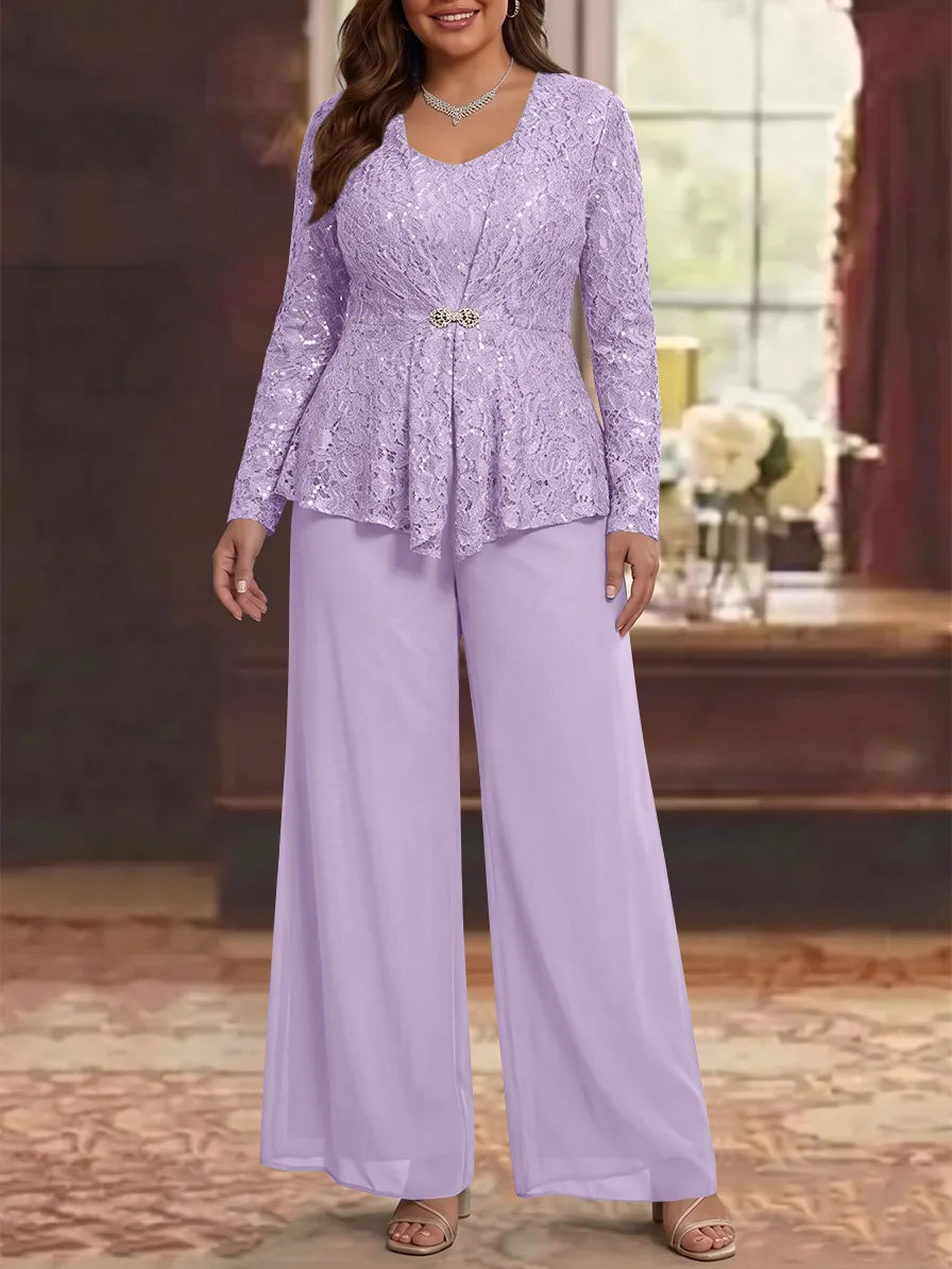 3 Pièces Tailleur Pantalon Mère de la Mariée en Mousseline, Grande Taille, Col Rond, Manches Longues, Longueur Cheville, avec Veste en Dentelle