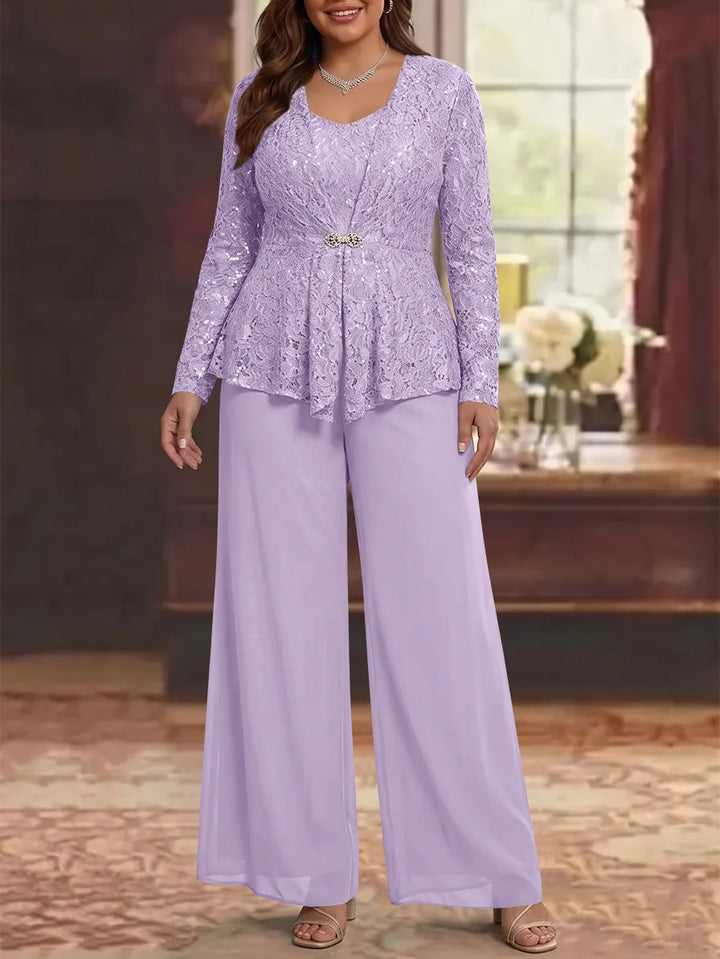 3 Pièces Tailleur Pantalon Mère de la Mariée en Mousseline, Grande Taille, Col Rond, Manches Longues, Longueur Cheville, avec Veste en Dentelle