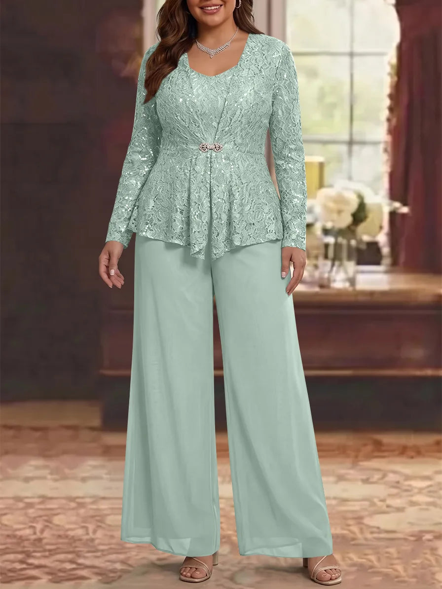 3 Pièces Tailleur Pantalon Mère de la Mariée en Mousseline, Grande Taille, Col Rond, Manches Longues, Longueur Cheville, avec Veste en Dentelle