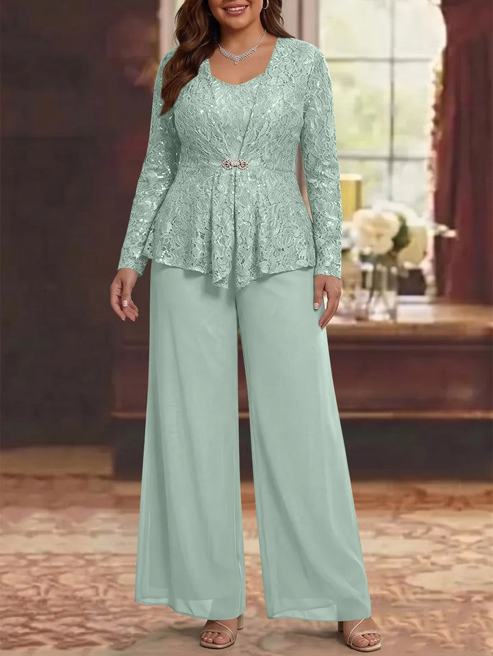 3 Pièces Tailleur Pantalon Mère de la Mariée en Mousseline, Grande Taille, Col Rond, Manches Longues, Longueur Cheville, avec Veste en Dentelle