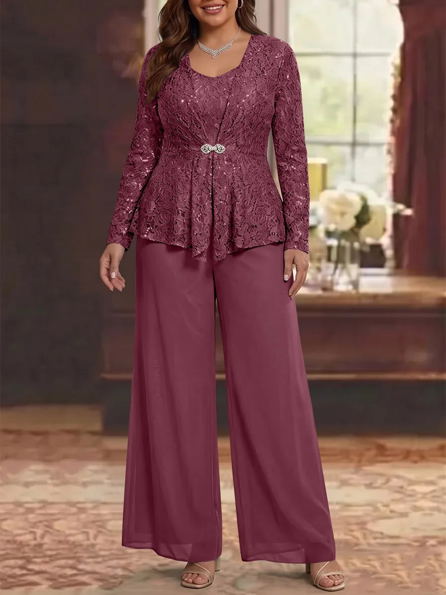 3 Pièces Tailleur Pantalon Mère de la Mariée en Mousseline, Grande Taille, Col Rond, Manches Longues, Longueur Cheville, avec Veste en Dentelle
