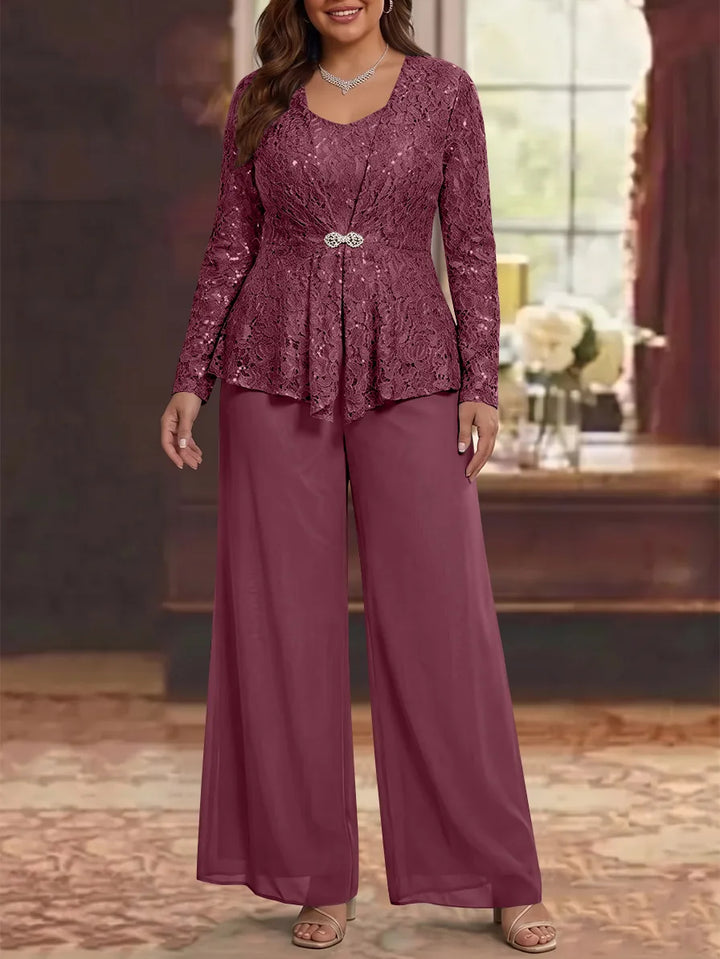 3 Pièces Tailleur Pantalon Mère de la Mariée en Mousseline, Grande Taille, Col Rond, Manches Longues, Longueur Cheville, avec Veste en Dentelle