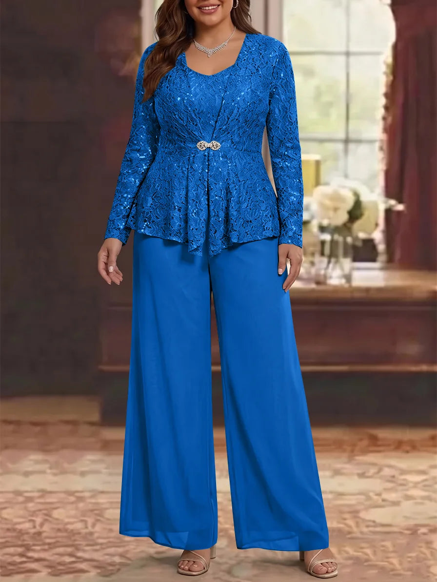 3 Pièces Tailleur Pantalon Mère de la Mariée en Mousseline, Grande Taille, Col Rond, Manches Longues, Longueur Cheville, avec Veste en Dentelle