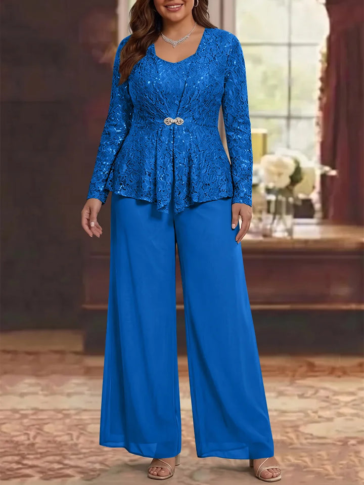 3 Pièces Tailleur Pantalon Mère de la Mariée en Mousseline, Grande Taille, Col Rond, Manches Longues, Longueur Cheville, avec Veste en Dentelle