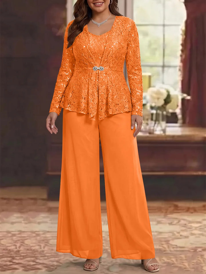 3 Pièces Tailleur Pantalon Mère de la Mariée en Mousseline, Grande Taille, Col Rond, Manches Longues, Longueur Cheville, avec Veste en Dentelle