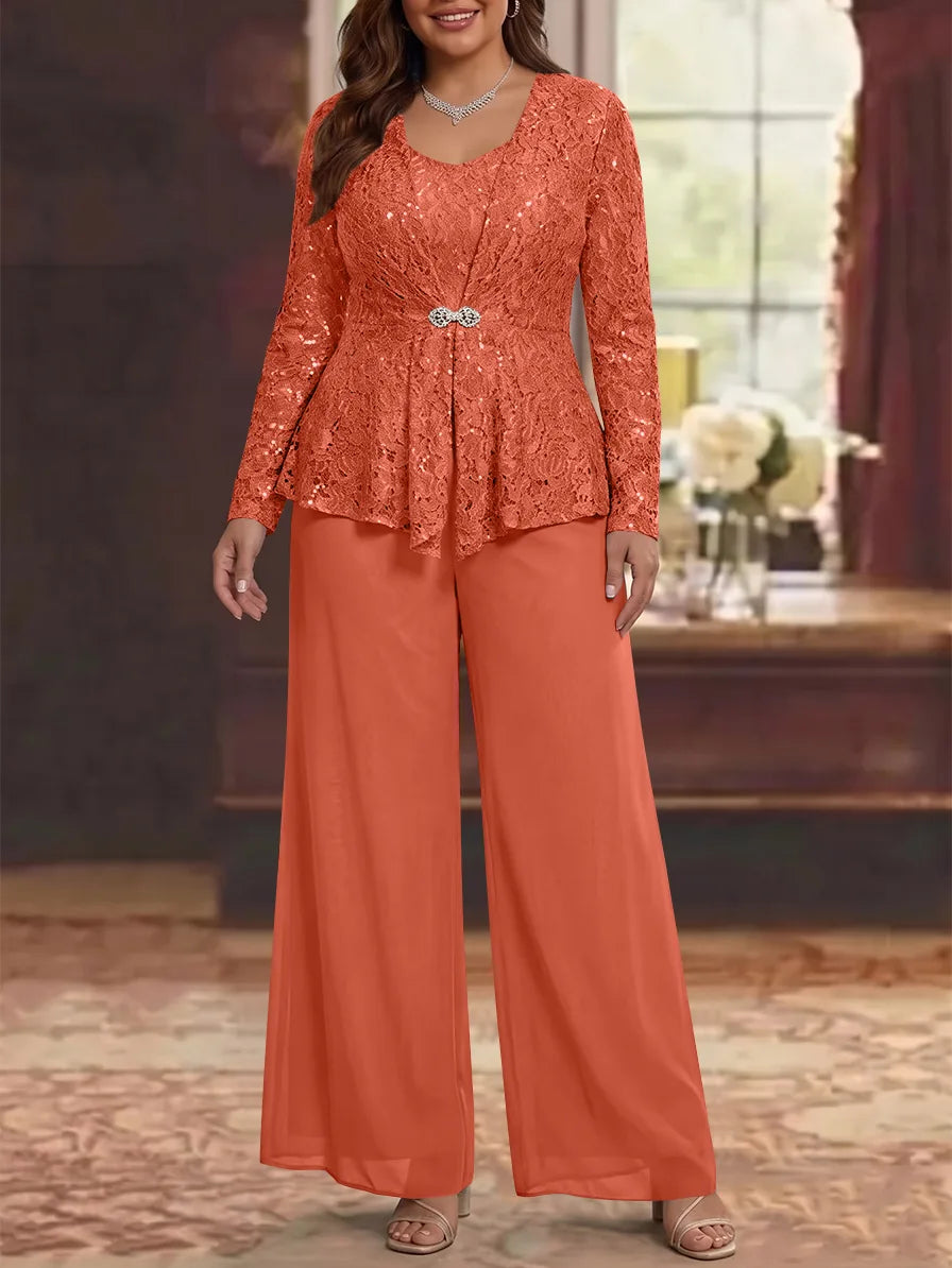 3 Pièces Tailleur Pantalon Mère de la Mariée en Mousseline, Grande Taille, Col Rond, Manches Longues, Longueur Cheville, avec Veste en Dentelle