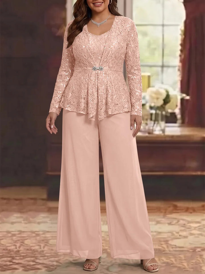 3 Pièces Tailleur Pantalon Mère de la Mariée en Mousseline, Grande Taille, Col Rond, Manches Longues, Longueur Cheville, avec Veste en Dentelle