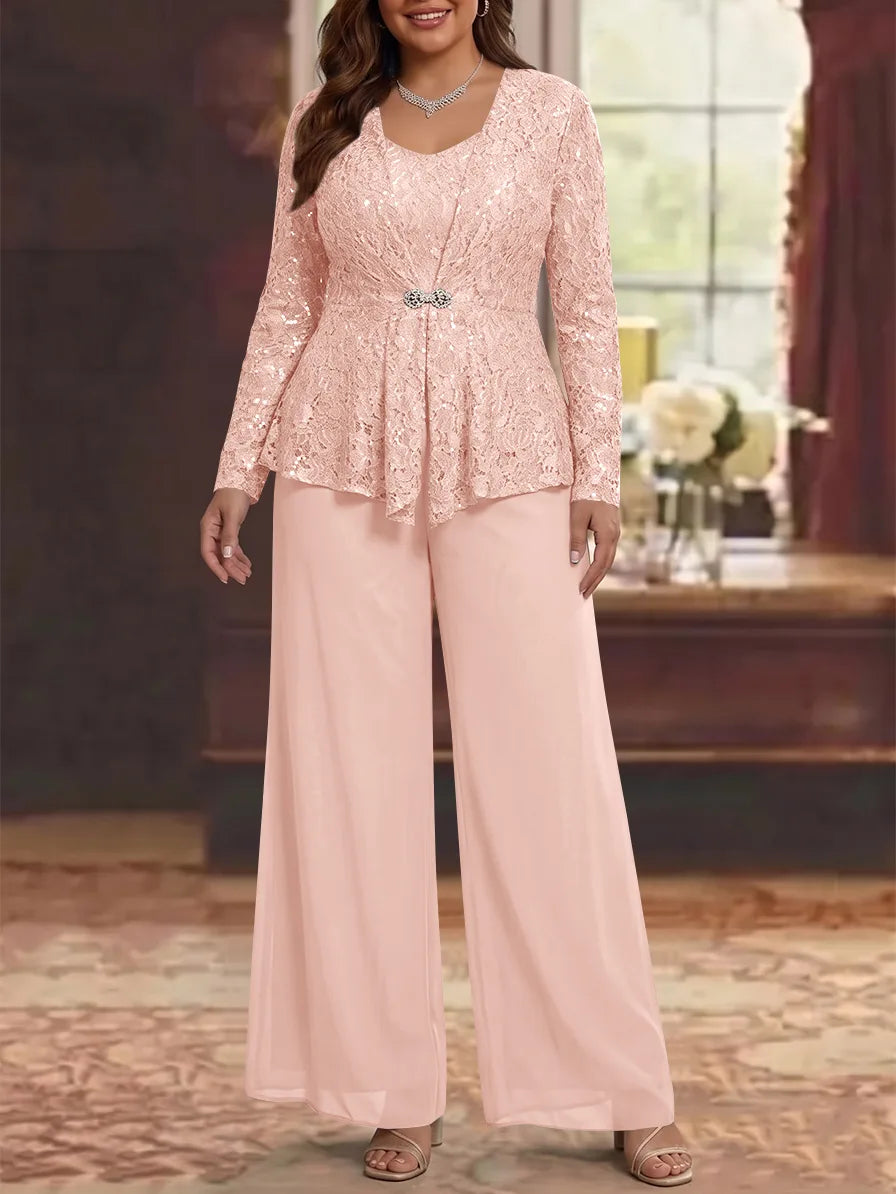 3 Pièces Tailleur Pantalon Mère de la Mariée en Mousseline, Grande Taille, Col Rond, Manches Longues, Longueur Cheville, avec Veste en Dentelle