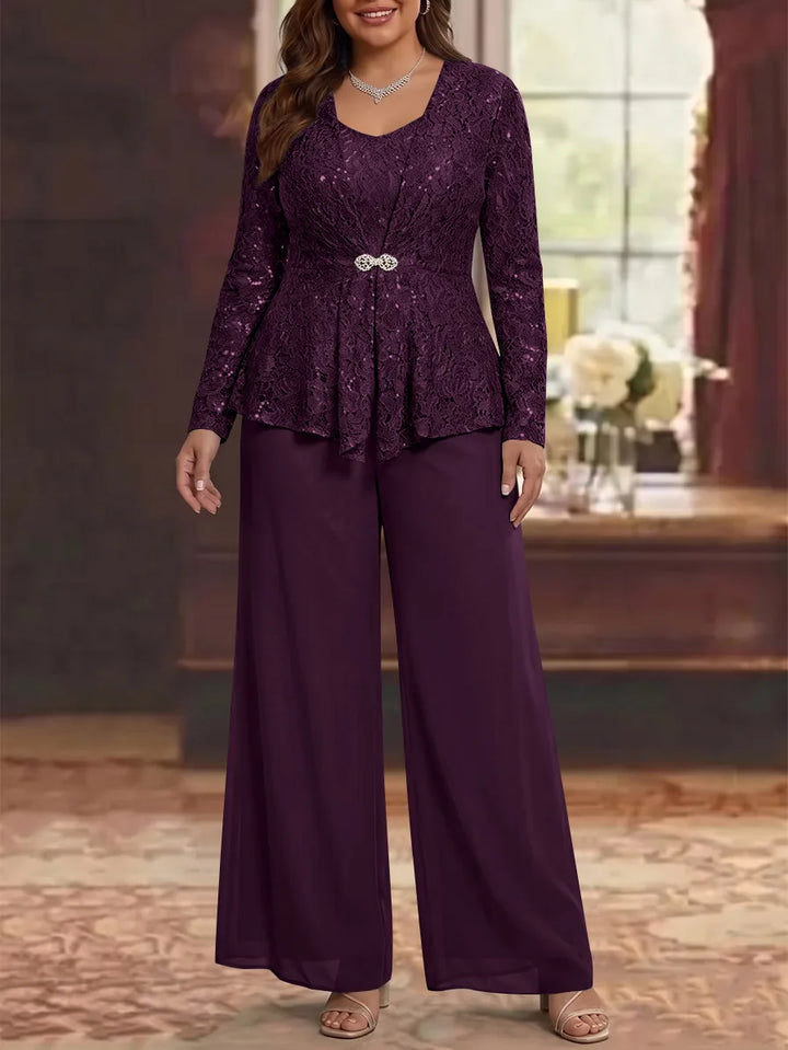 3 Pièces Tailleur Pantalon Mère de la Mariée en Mousseline, Grande Taille, Col Rond, Manches Longues, Longueur Cheville, avec Veste en Dentelle