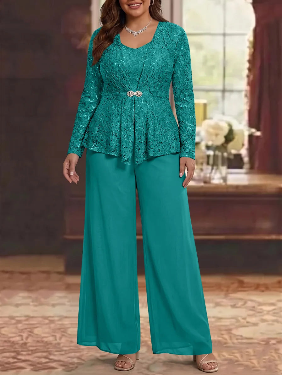 3 Pièces Tailleur Pantalon Mère de la Mariée en Mousseline, Grande Taille, Col Rond, Manches Longues, Longueur Cheville, avec Veste en Dentelle