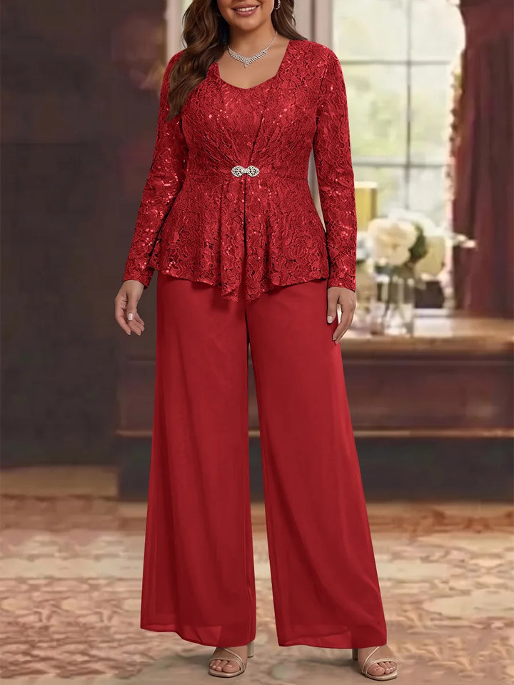 3 Pièces Tailleur Pantalon Mère de la Mariée en Mousseline, Grande Taille, Col Rond, Manches Longues, Longueur Cheville, avec Veste en Dentelle