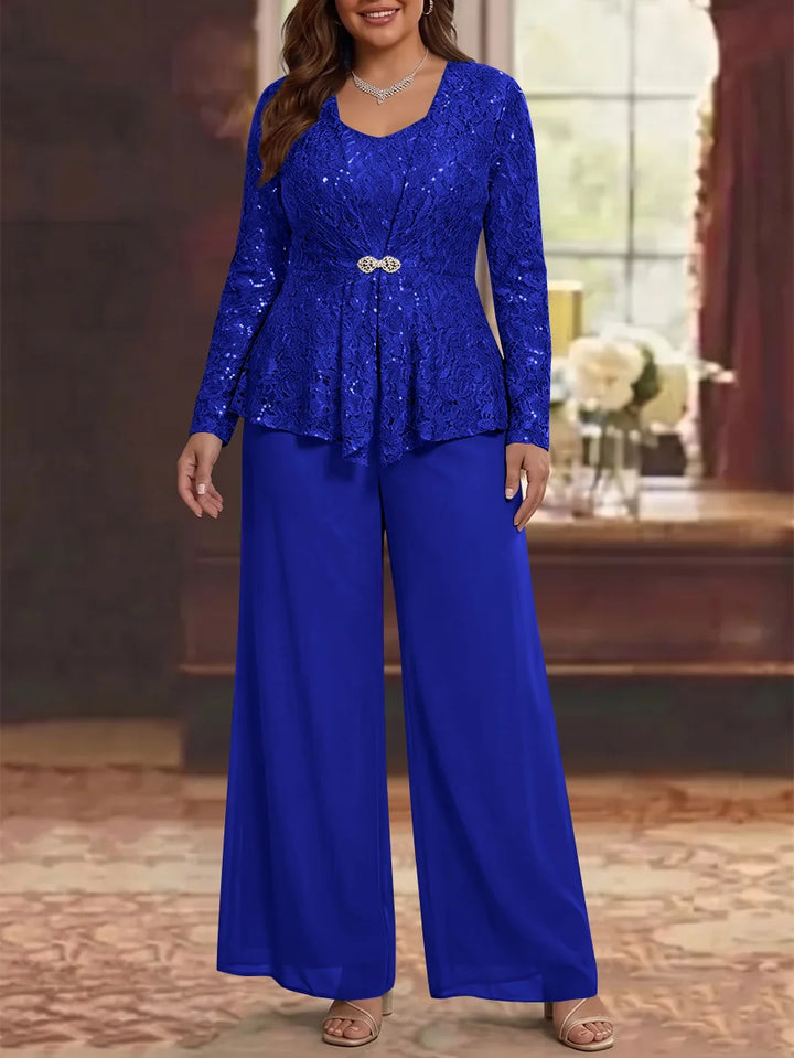 3 Pièces Tailleur Pantalon Mère de la Mariée en Mousseline, Grande Taille, Col Rond, Manches Longues, Longueur Cheville, avec Veste en Dentelle
