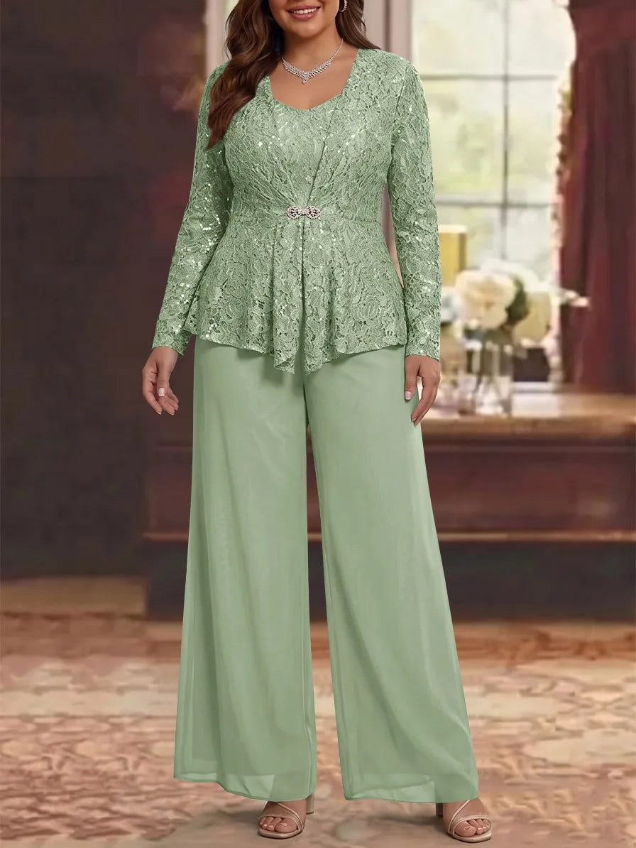 3 Pièces Tailleur Pantalon Mère de la Mariée en Mousseline, Grande Taille, Col Rond, Manches Longues, Longueur Cheville, avec Veste en Dentelle
