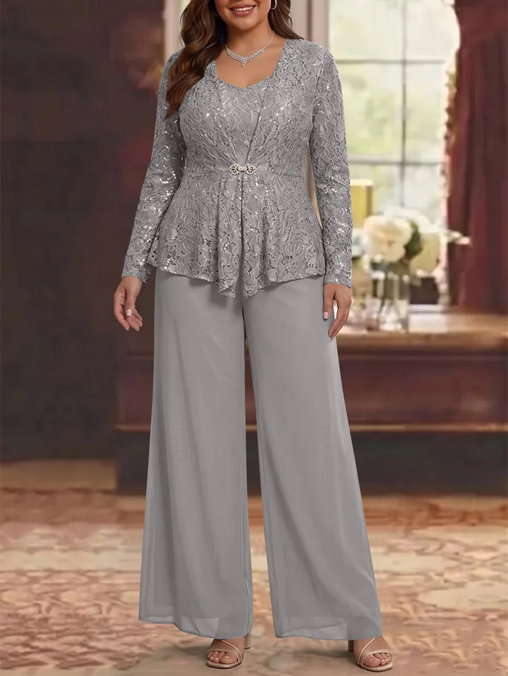 3 Pièces Tailleur Pantalon Mère de la Mariée en Mousseline, Grande Taille, Col Rond, Manches Longues, Longueur Cheville, avec Veste en Dentelle