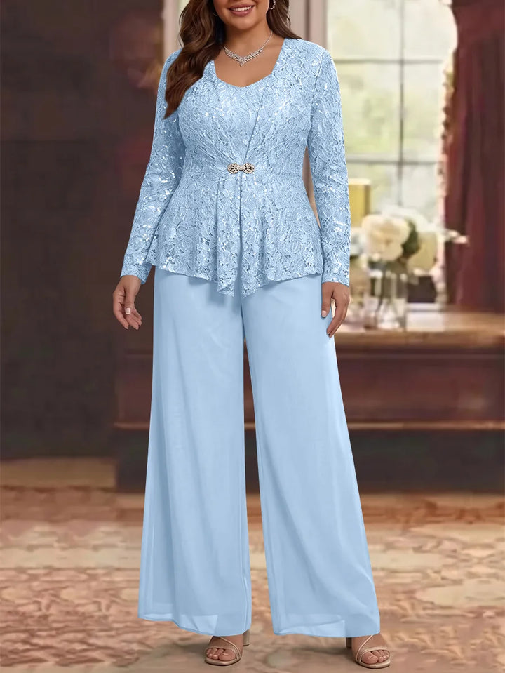 3 Pièces Tailleur Pantalon Mère de la Mariée en Mousseline, Grande Taille, Col Rond, Manches Longues, Longueur Cheville, avec Veste en Dentelle