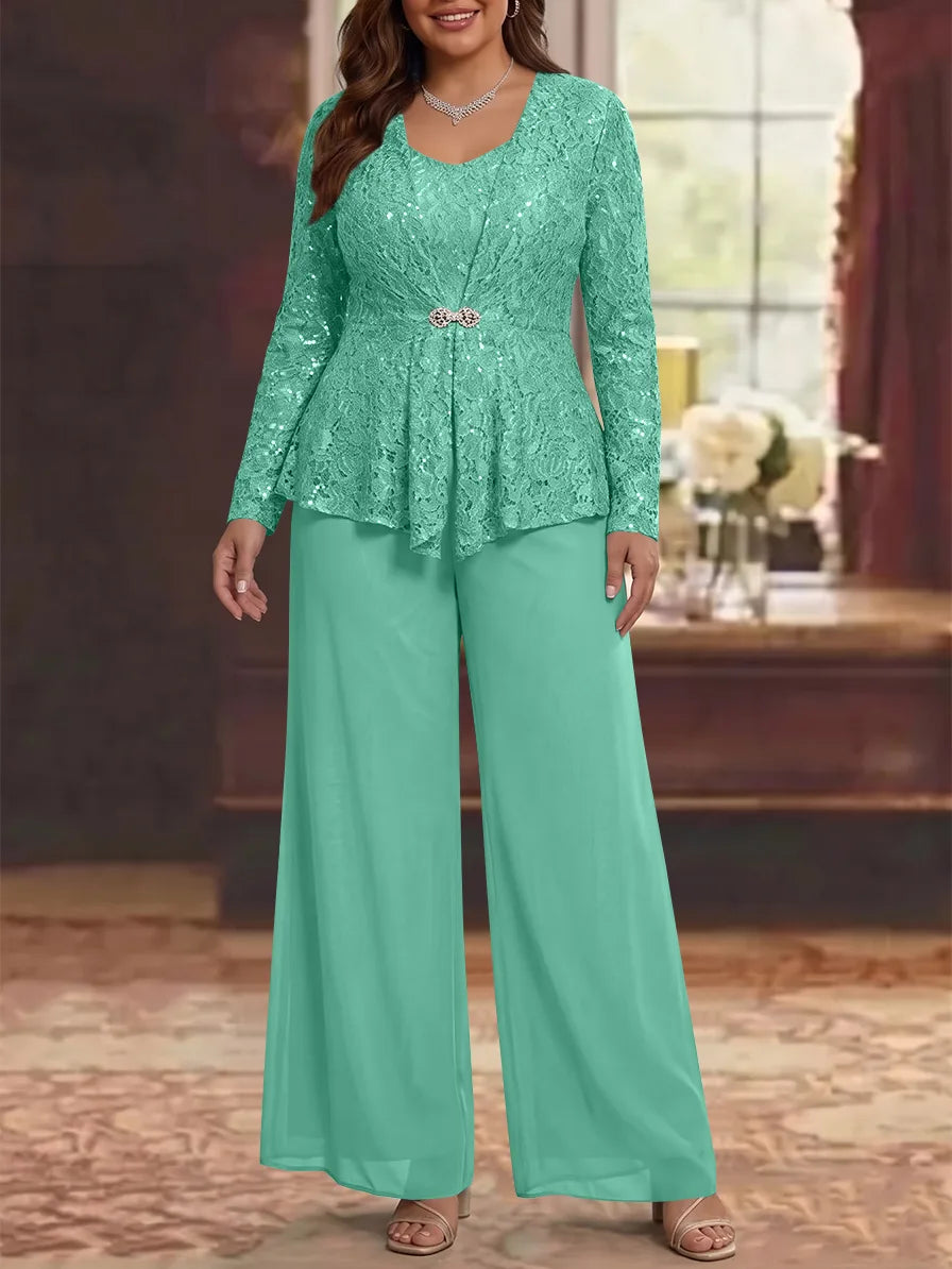 3 Pièces Tailleur Pantalon Mère de la Mariée en Mousseline, Grande Taille, Col Rond, Manches Longues, Longueur Cheville, avec Veste en Dentelle