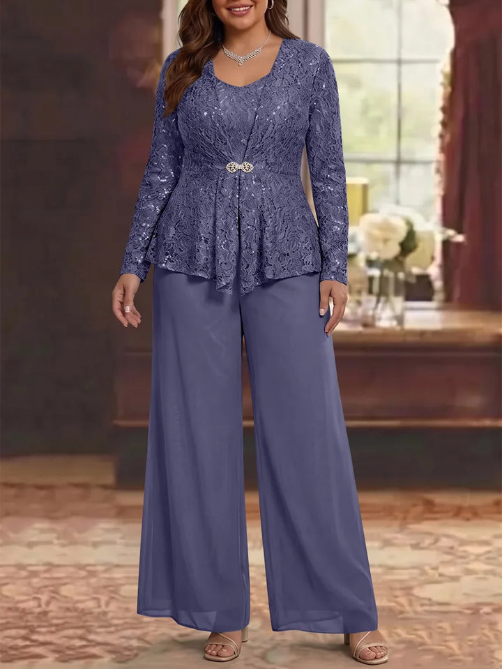 3 Pièces Tailleur Pantalon Mère de la Mariée en Mousseline, Grande Taille, Col Rond, Manches Longues, Longueur Cheville, avec Veste en Dentelle