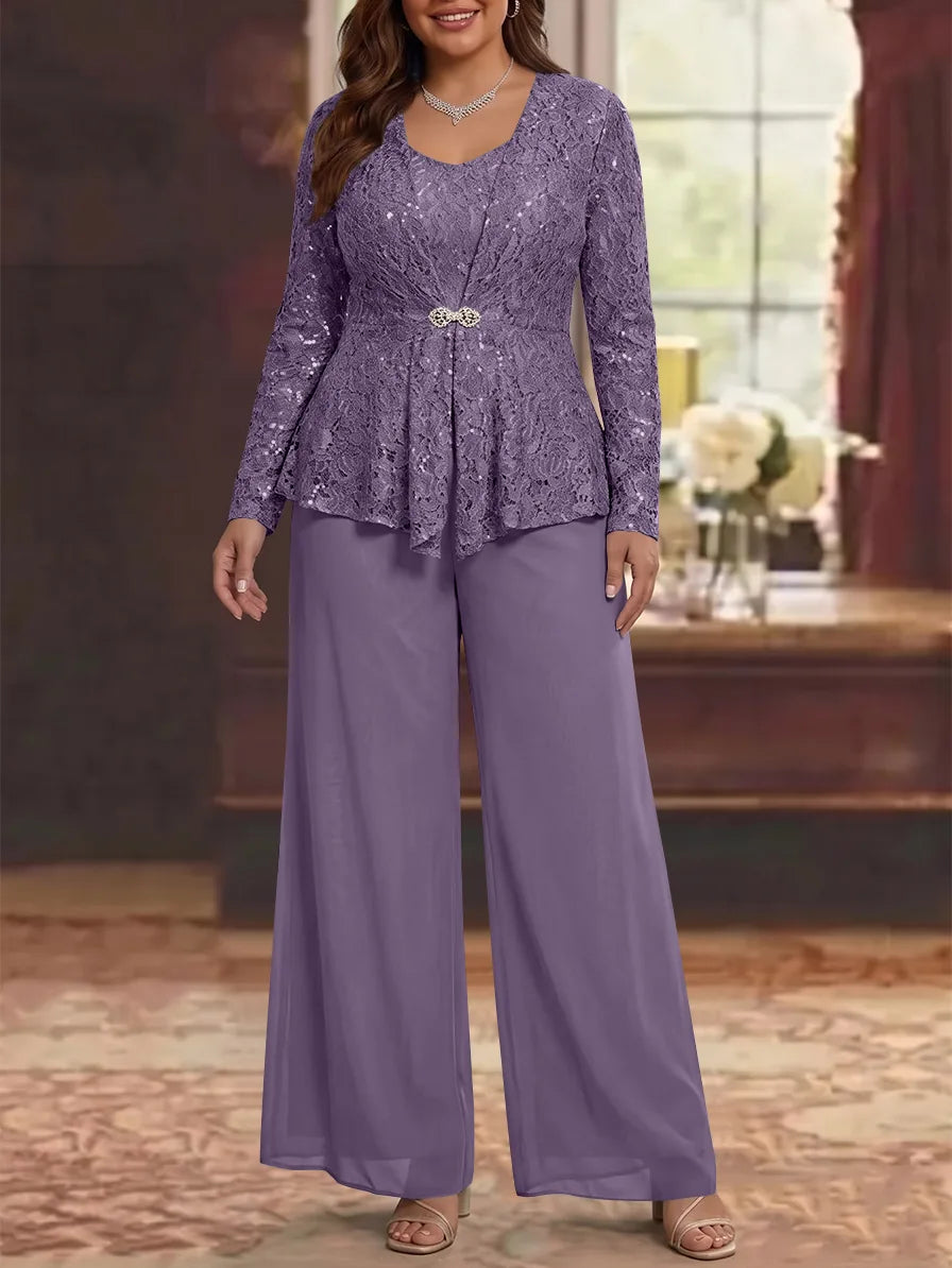 3 Pièces Tailleur Pantalon Mère de la Mariée en Mousseline, Grande Taille, Col Rond, Manches Longues, Longueur Cheville, avec Veste en Dentelle