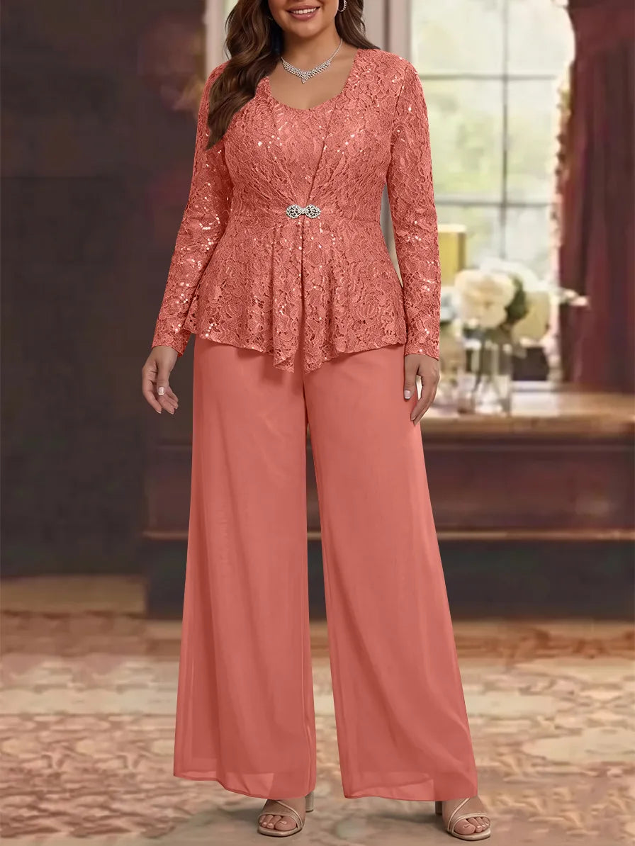 3 Pièces Tailleur Pantalon Mère de la Mariée en Mousseline, Grande Taille, Col Rond, Manches Longues, Longueur Cheville, avec Veste en Dentelle
