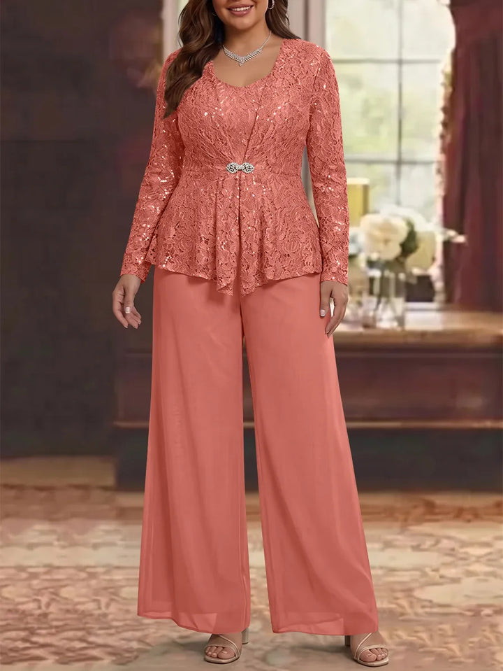 3 Pièces Tailleur Pantalon Mère de la Mariée en Mousseline, Grande Taille, Col Rond, Manches Longues, Longueur Cheville, avec Veste en Dentelle