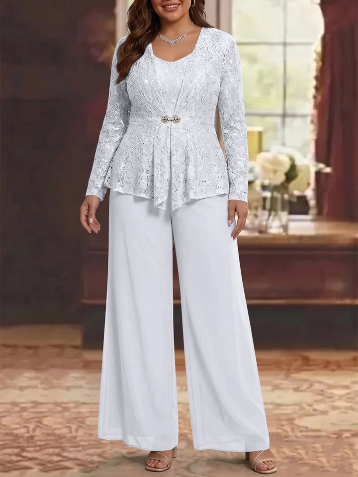 3 Pièces Tailleur Pantalon Mère de la Mariée en Mousseline, Grande Taille, Col Rond, Manches Longues, Longueur Cheville, avec Veste en Dentelle