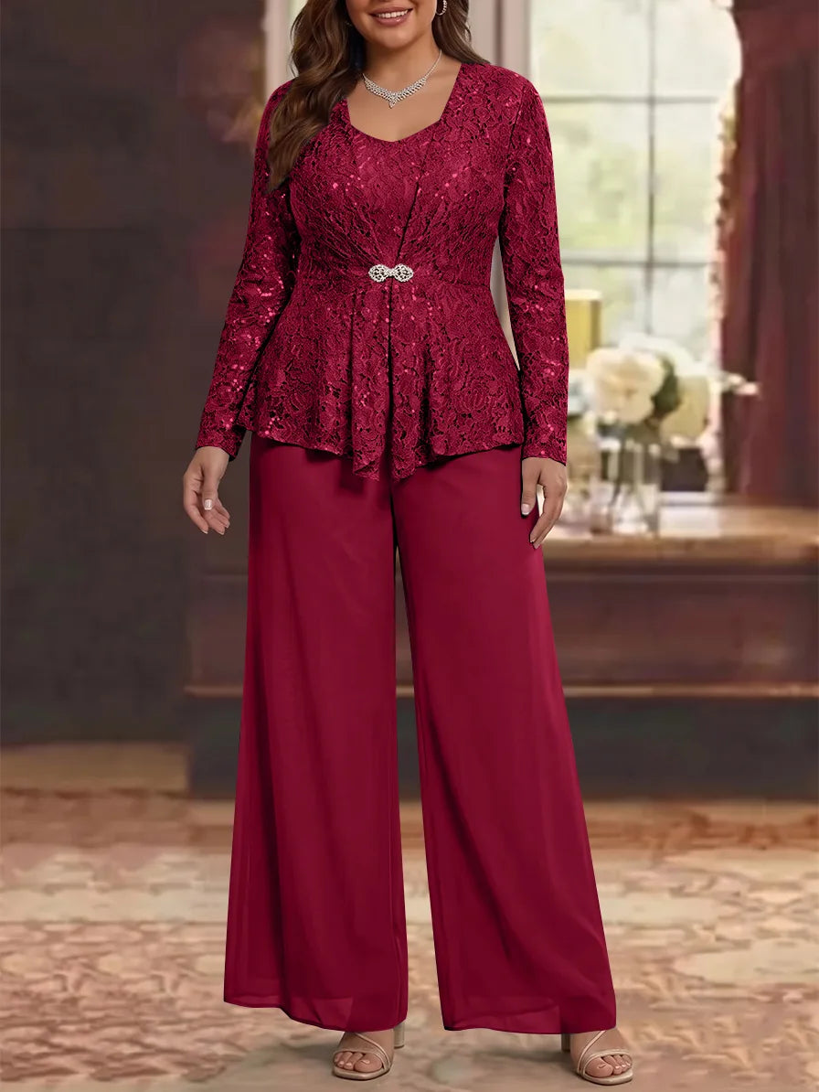 3 Pièces Tailleur Pantalon Mère de la Mariée en Mousseline, Grande Taille, Col Rond, Manches Longues, Longueur Cheville, avec Veste en Dentelle