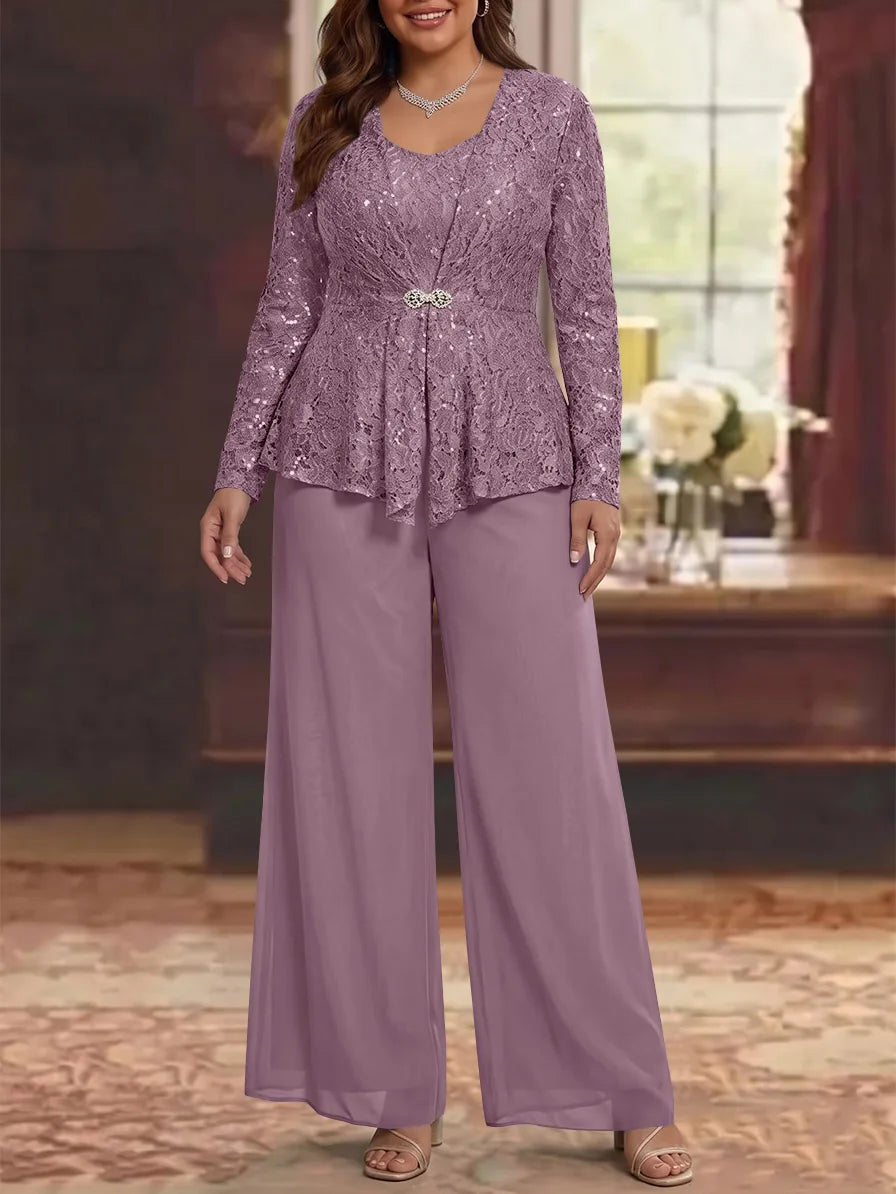 3 Pièces Tailleur Pantalon Mère de la Mariée en Mousseline, Grande Taille, Col Rond, Manches Longues, Longueur Cheville, avec Veste en Dentelle