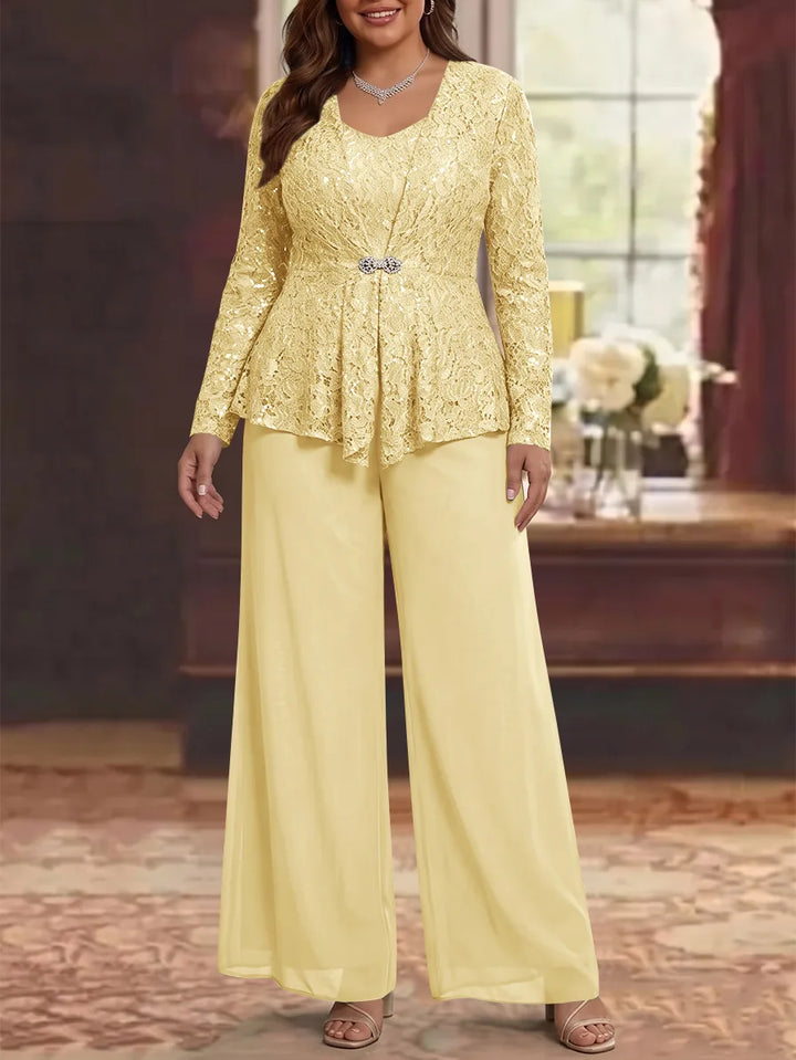 3 Pièces Tailleur Pantalon Mère de la Mariée en Mousseline, Grande Taille, Col Rond, Manches Longues, Longueur Cheville, avec Veste en Dentelle