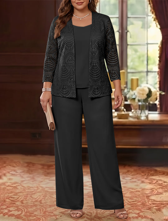 3 Pièces Tailleur Pantalon Mère de la Mariée en Mousseline, Grande Taille, Col Rond, Manches Longues, Longueur Cheville, avec Veste en Dentelle