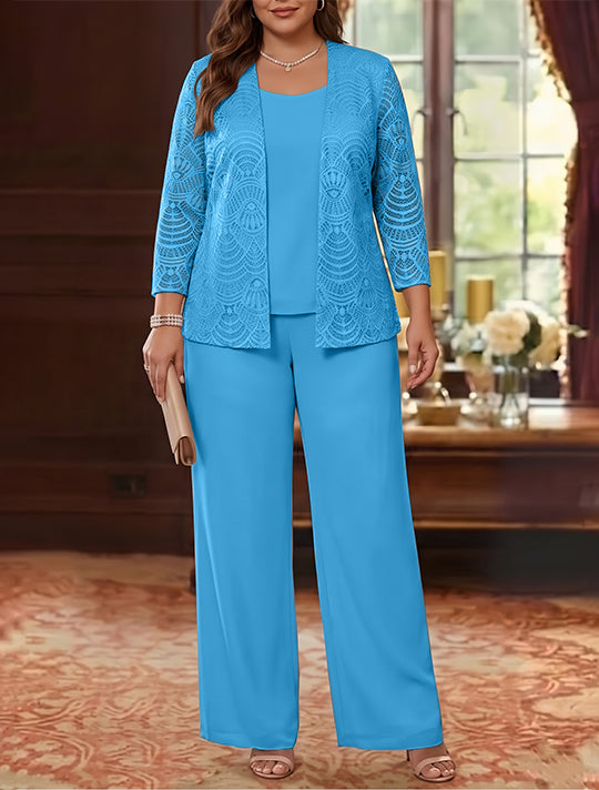 3 Pièces Tailleur Pantalon Mère de la Mariée en Mousseline, Grande Taille, Col Rond, Manches Longues, Longueur Cheville, avec Veste en Dentelle