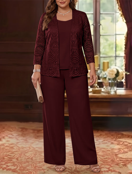 3 Pièces Tailleur Pantalon Mère de la Mariée en Mousseline, Grande Taille, Col Rond, Manches Longues, Longueur Cheville, avec Veste en Dentelle