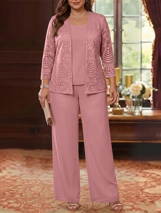 3 Pièces Tailleur Pantalon Mère de la Mariée en Mousseline, Grande Taille, Col Rond, Manches Longues, Longueur Cheville, avec Veste en Dentelle