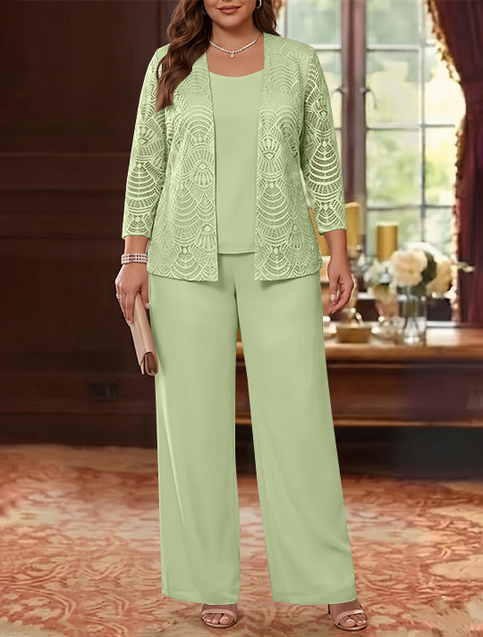 3 Pièces Tailleur Pantalon Mère de la Mariée en Mousseline, Grande Taille, Col Rond, Manches Longues, Longueur Cheville, avec Veste en Dentelle
