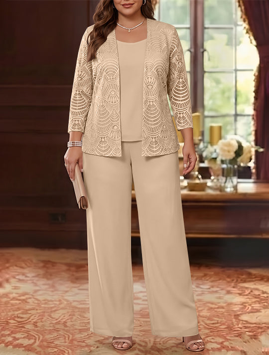 3 Pièces Tailleur Pantalon Mère de la Mariée en Mousseline, Grande Taille, Col Rond, Manches Longues, Longueur Cheville, avec Veste en Dentelle