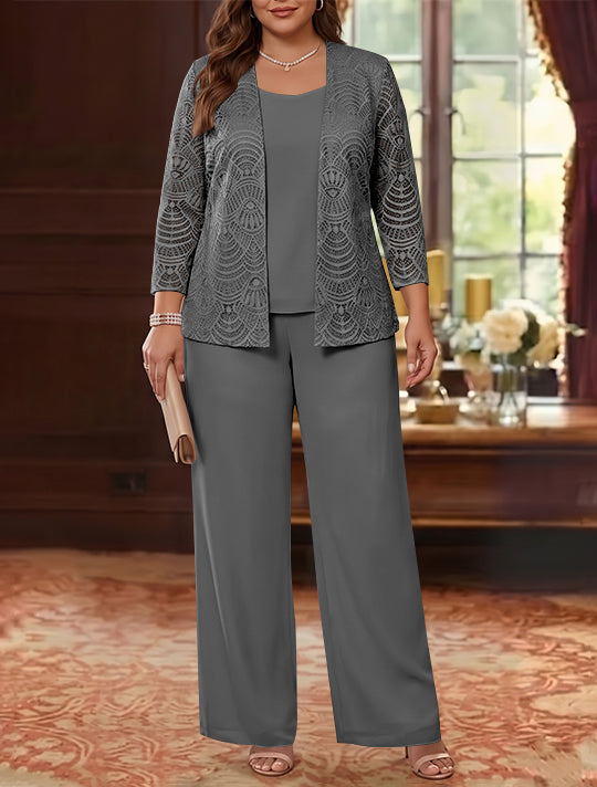3 Pièces Tailleur Pantalon Mère de la Mariée en Mousseline, Grande Taille, Col Rond, Manches Longues, Longueur Cheville, avec Veste en Dentelle