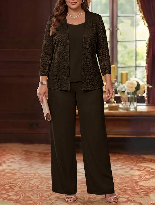 3 Pièces Tailleur Pantalon Mère de la Mariée en Mousseline, Grande Taille, Col Rond, Manches Longues, Longueur Cheville, avec Veste en Dentelle