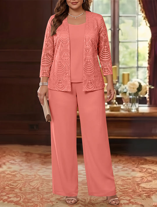 3 Pièces Tailleur Pantalon Mère de la Mariée en Mousseline, Grande Taille, Col Rond, Manches Longues, Longueur Cheville, avec Veste en Dentelle