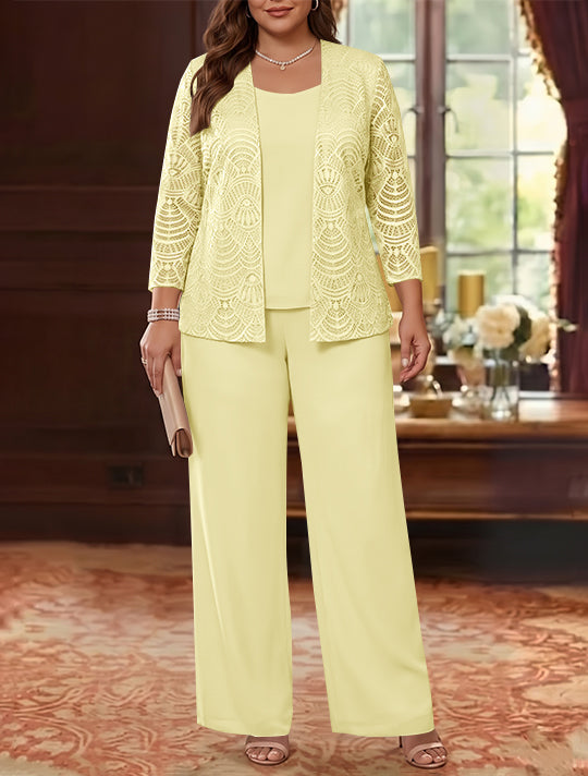 3 Pièces Tailleur Pantalon Mère de la Mariée en Mousseline, Grande Taille, Col Rond, Manches Longues, Longueur Cheville, avec Veste en Dentelle