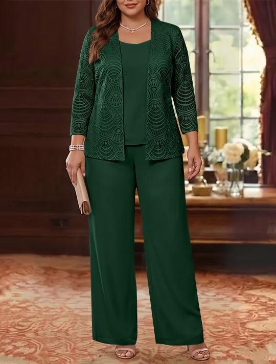 3 Pièces Tailleur Pantalon Mère de la Mariée en Mousseline, Grande Taille, Col Rond, Manches Longues, Longueur Cheville, avec Veste en Dentelle